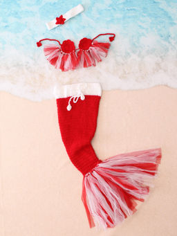 Woonie - Red & White Crochet Mermaid Top with Bottom & Headband