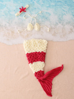 Woonie - Red & Cream Crochet Mermaid Top with Bottom & Headband
