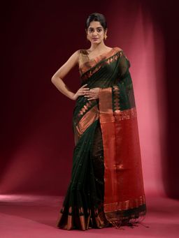 CHARUKRITI - Pine Green with Geometric Pattern and Contrast Pallu Saree with Unstitched Blouse
