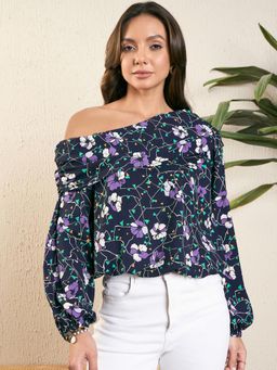 Kibo - Women's Floral Print One Shoulder Blouson Top