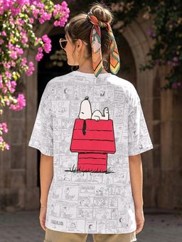 Bewakoof - Air 1.0 Official Peanuts Women's White Snoopy All Over Printed Oversized T-shirt