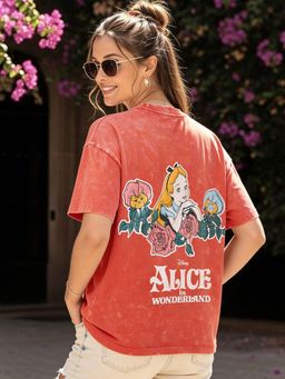 Bewakoof - Official Disney Women's Orange Garden Graphic Printed Oversized Acid Wash T-shirt