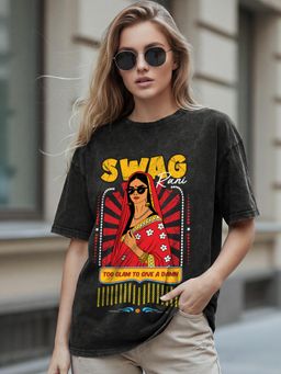 Bewakoof - Women's Black Swag Rani Graphic Printed Oversized Acid Wash T-shirt