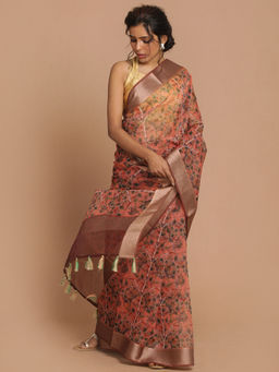 Indethnic - Banarasi Rust Printed Party Wear Saree With Unstitched Blouse