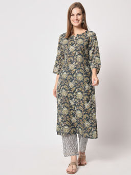 Salwat - Floral Printed Straight Kurta with Trouser (Set of 2)