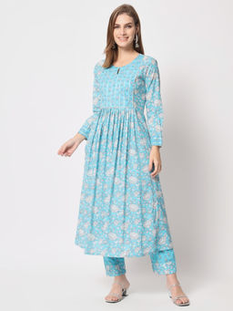 Salwat - Floral Printed Round Neck Cotton Kurta & Trouser (Set of 2)