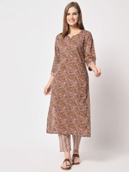 Salwat - Floral Printed Round Neck Kurta & Trouser (Set of 2)