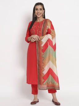 Salwat - Red Thread Work Kurta & Trouser with Dupatta (Set of 3)