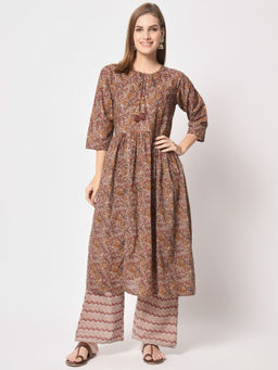 Salwat - Floral Printed A-Line Pleated Kurta with Palazzo (Set of 2)