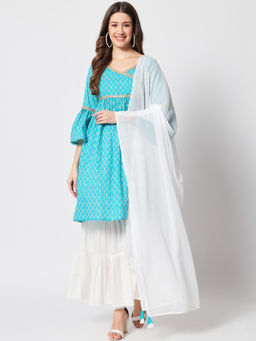 Salwat - Printed V-Neck Cotton Kurta & Sharara with Dupatta (Set of 3)