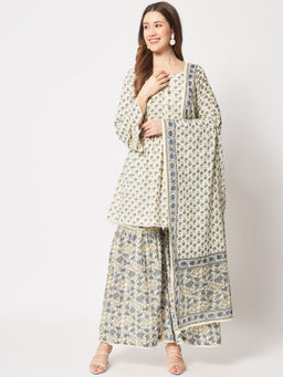 Salwat - Floral Printed Round Neck Cotton Kurta & Sharara with Dupatta (Set of 3)