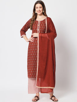 Salwat - Maroon Printed Round Neck Cotton Kurta & Palazzo with Dupatta (Set of 3)