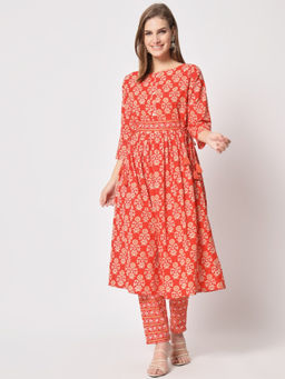 Salwat - Floral Printed Regular Kurta with Trouser (Set of 2)