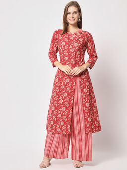 Salwat - Floral Printed Three-Quarter Sleeves Cotton Kurta & Palazzo (Set of 2)