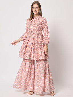 Salwat - Tie-Up Neck Three-Quarter Sleeves Cotton Kurta & Sharara (Set of 2)