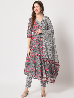 Salwat - Floral Printed Angrakha Kurta & Trouser with Dupatta (Set of 3)