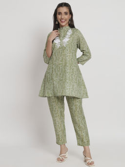Salwat - Olive Bandhani Embroidered Mandarin Collar Cotton Kurti & Trouser (Set of 2)