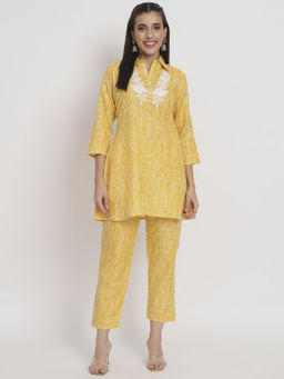 Salwat - Yellow Bandhani Embroidered Mandarin Collar Cotton Kurti & Trouser (Set of 2)