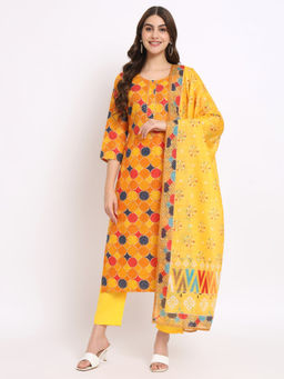 Salwat - Printed Yellow Cotton Straight Kurta with Trouser & Dupatta (Set of 3)