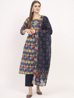 Salwat - Printed Blue Cotton Straight Kurta with Trouser & Dupatta (Set of 3)