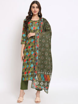 Salwat - Printed Olive Cotton Straight Kurta with Trouser & Dupatta (Set of 3)