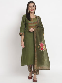 Salwat - Floral Olive Printed Thread Work Kurta with Trouser & Dupatta (Set of 3)