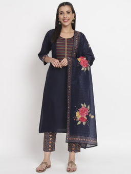 Salwat - Blue Olive Printed Thread Work Kurta with Trouser & Dupatta (Set of 3)