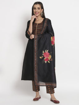 Salwat - Floral Black Printed Thread Work Kurta with Trouser & Dupatta (Set of 3)