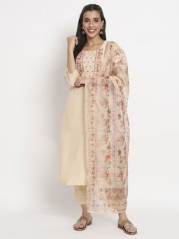 Salwat - Ethnic Motifs Embroidered Round Neck Cotton Kurta with Trouser & Dupatta (Set of 3)
