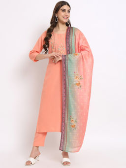 Salwat - Floral Peach Pure Cotton Straight Kurta with Trouser & Dupatta (Set of 3)
