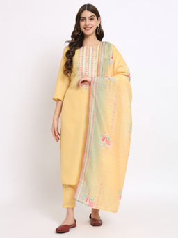 Salwat - Floral Yellow Pure Cotton Straight Kurta with Trouser & Dupatta (Set of 3)