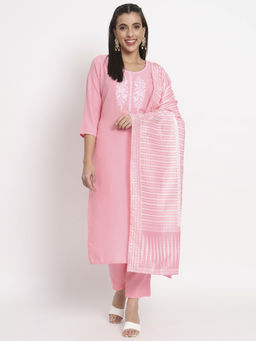 Salwat - Floral Pink Printed Thread Work Kurta with Trouser & Dupatta (Set of 3)