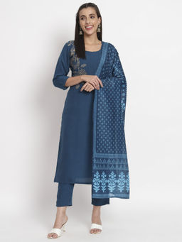 Salwat - Women Floral Embroidered Straight Kurta with Trouser & Dupatta (Set of 3)