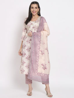 Salwat - Floral Lavender Printed Straight Kurta with Trouser & Dupatta (Set of 3)