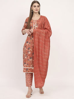 Salwat - Floral Orange Printed Round Neck Cotton Kurta & Trouser with Dupatta (Set of 3)