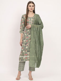 Salwat - Floral Green Printed Round Neck Cotton Kurta & Trouser with Dupatta (Set of 3)