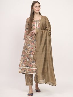 Salwat - Floral Brown Printed Round Neck Cotton Kurta & Trouser with Dupatta (Set of 3)