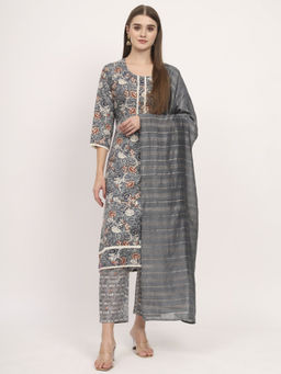 Salwat - Floral Grey Printed Round Neck Cotton Kurta & Trouser with Dupatta (Set of 3)