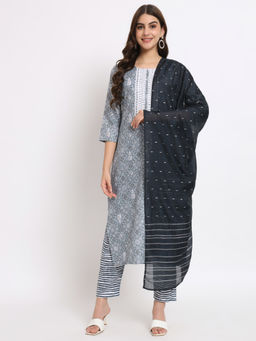 Salwat - Grey Printed Round Neck Cotton Kurta & Trouser with Dupatta (Set of 3)