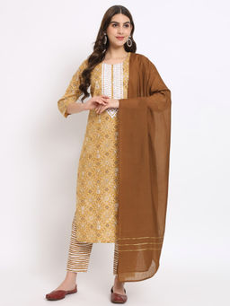 Salwat - Yellow Printed Round Neck Cotton Kurta & Trouser with Dupatta (Set of 3)