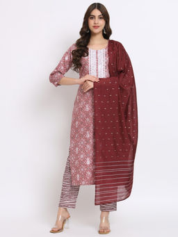 Salwat - Purple Printed Round Neck Cotton Kurta & Trouser with Dupatta (Set of 3)