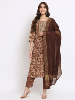 Salwat - Brown Floral Printed Embroidered Straight Kurta with Trouser & Dupatta (Set of 3)