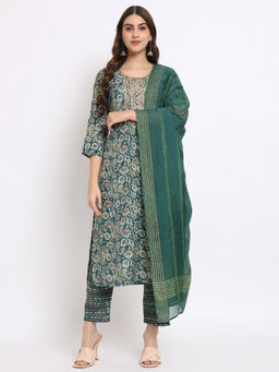 Salwat - Green Floral Printed Embroidered Straight Kurta with Trouser & Dupatta (Set of 3)
