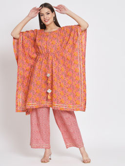 Salwat - Ethnic Motifs Printed Regular Gotta Patti Kaftan with Trouser (Set of 2)