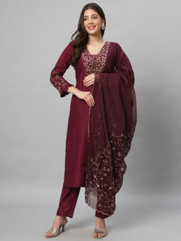 Salwat - Thread Work Pure Cotton Straight Kurta with Trousers & Dupatta (Set of 3)