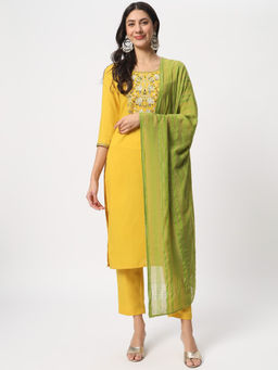 Salwat - Yellow Thread Work Kurta with Trouser & Dupatta (Set of 3)