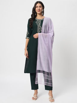 Salwat - Green Embroidered Straight Kurta with Trouser & Dupatta (Set of 3)