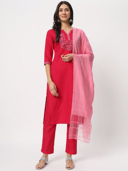 Salwat - Yoke Design Embroidered Straight Kurta with Trouser & Dupatta (Set of 3)