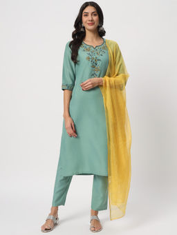 Salwat - Floral Regular Thread Work Kurta with Trouser & Dupatta (Set of 3)