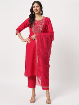 Salwat - Yoke Design Embroidered Straight Kurta with Trouser & Dupatta (Set of 3)